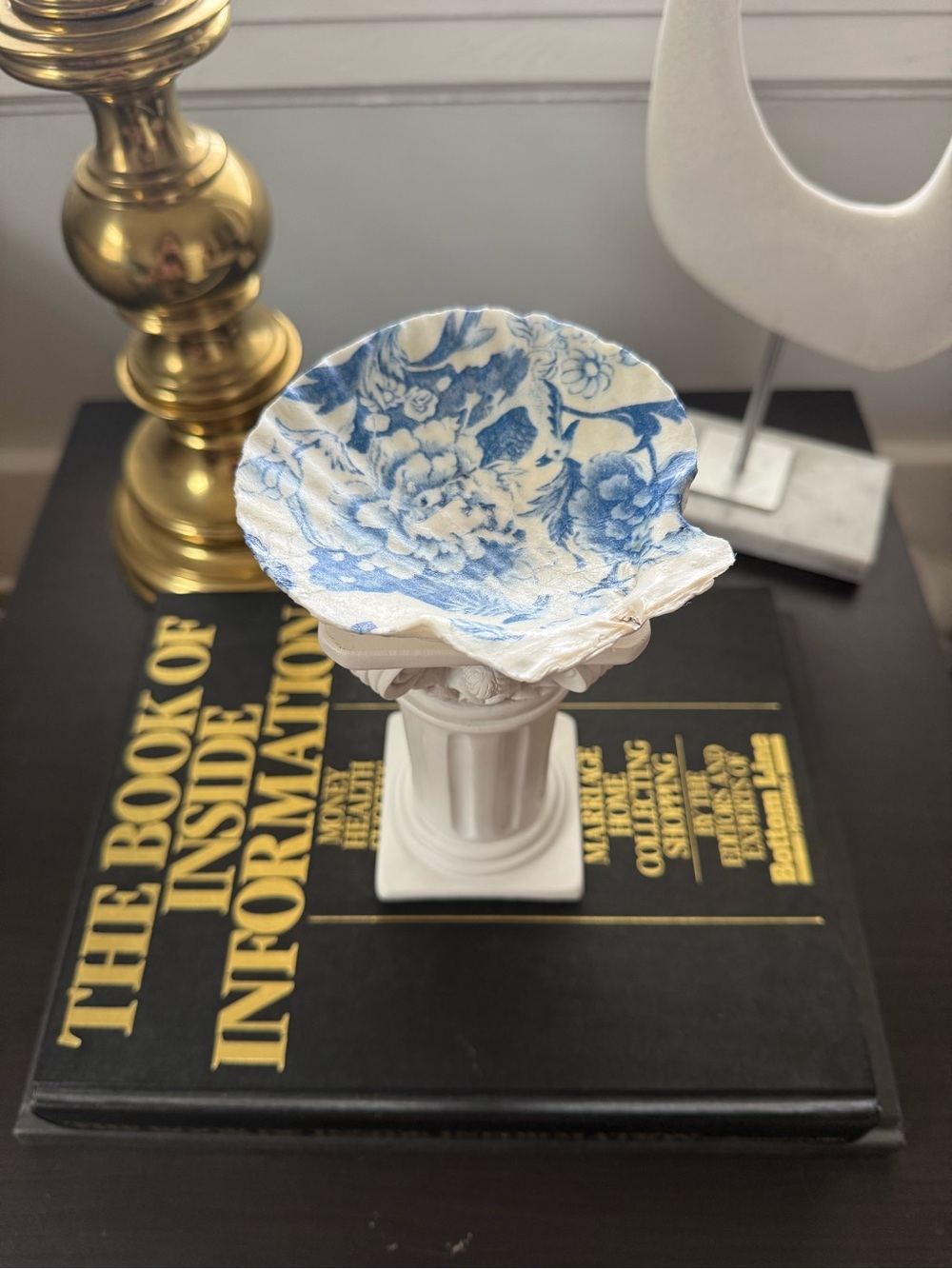 Blue Toile Pattern Handmade Vintage Decoupage Shell Trinket Dish